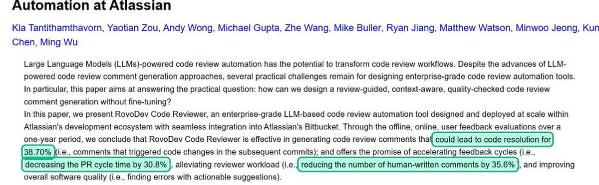 Atlassian RovoDev paper abstract: review comments led to code resolution 38.70% of the time and cut PR cycle time by 30.8%