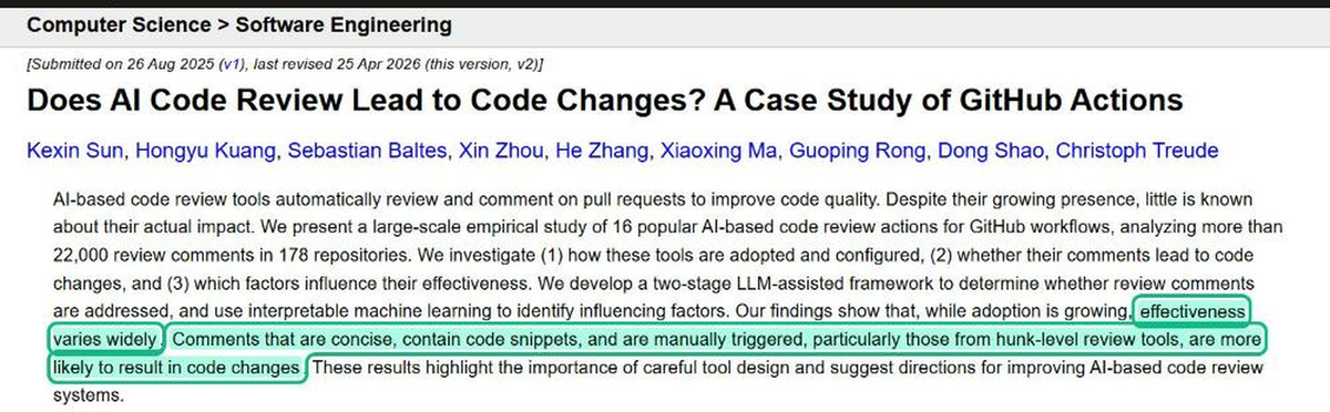 Study abstract on 16 GitHub Action review tools: effectiveness varies widely, and concise comments with code snippets are likelier to lead to code changes