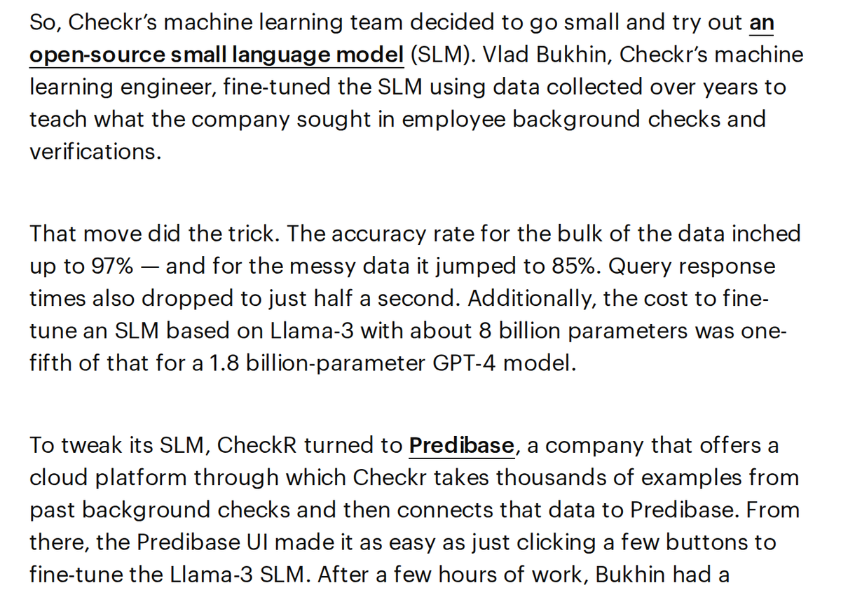 Checkr's fine-tuned small model reached 97% on routine data and 85% on messy data