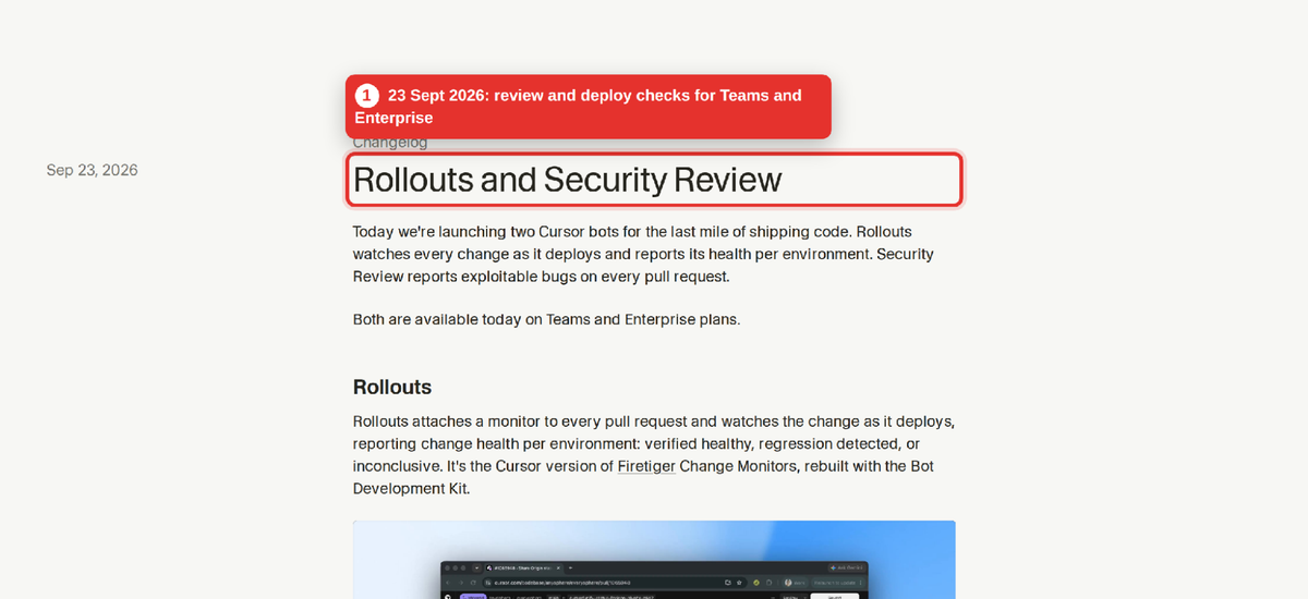 Cursor's PR security review and post-deploy checks, launched 23 September 2026