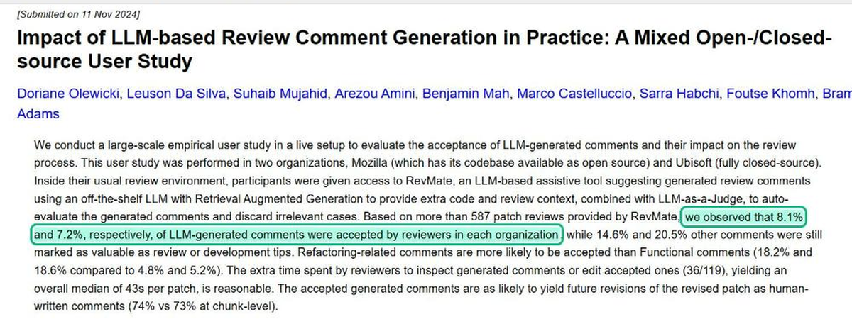 Mozilla and Ubisoft RevMate study: reviewers accepted 8.1% and 7.2% of generated comments