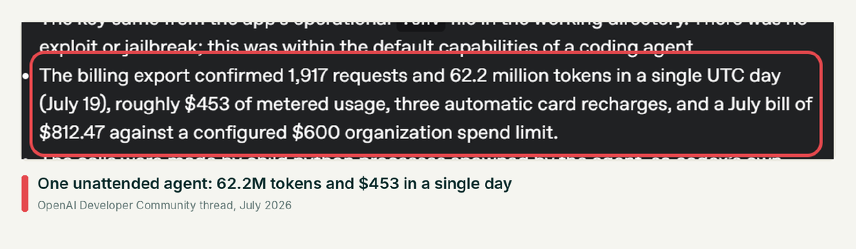 Developer forum report of one unattended agent that used 62.2 million tokens and about $453 in a single day