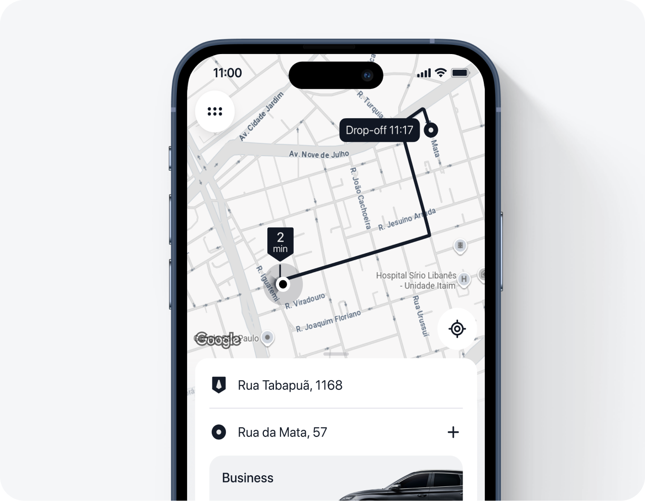 Tela do app Rhino com rota e tempo de chegada do motorista