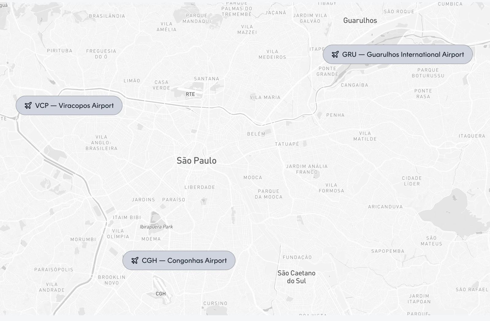 Mapa de São Paulo com os aeroportos de Guarulhos, Congonhas e Viracopos