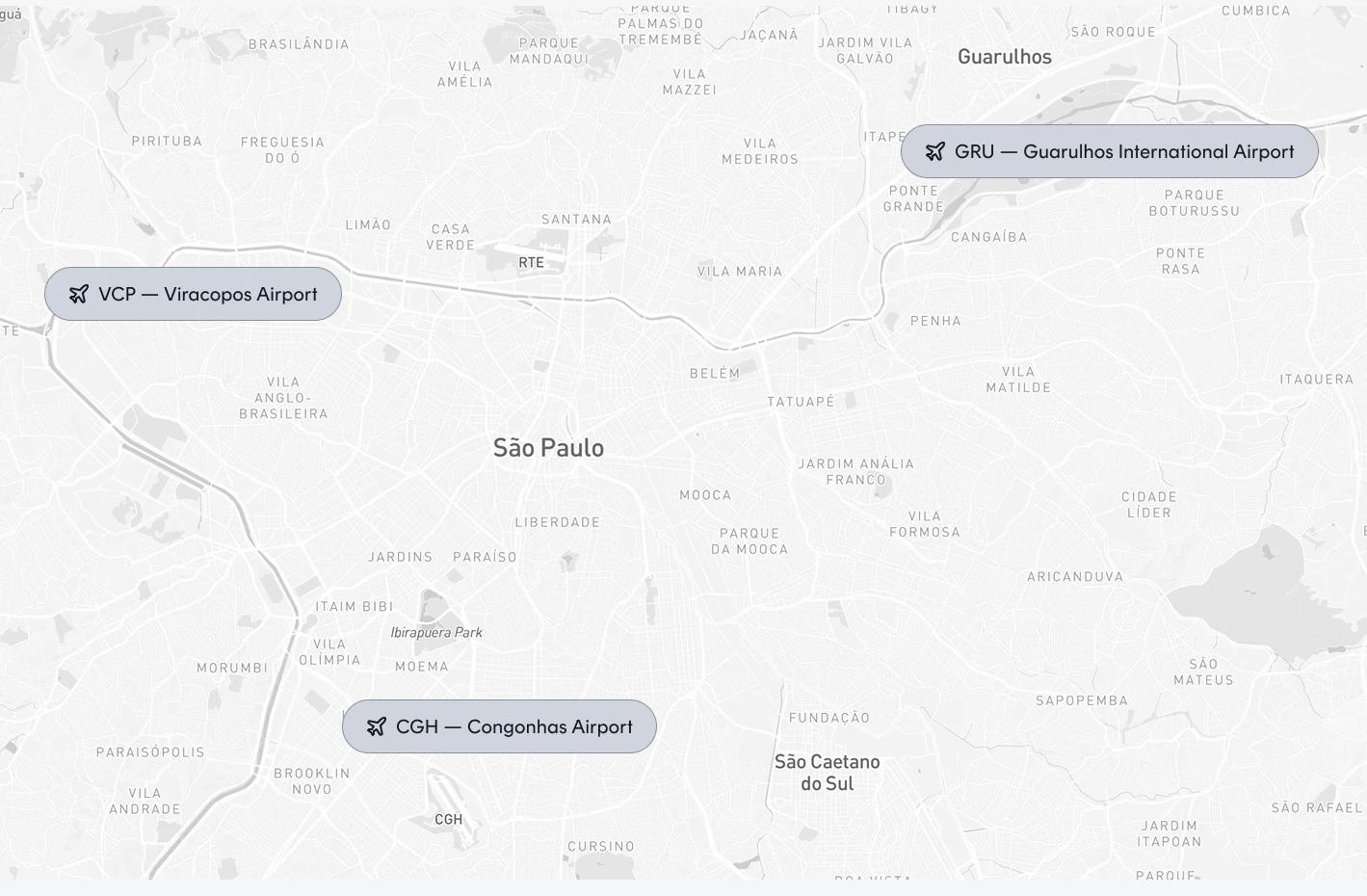 Mapa de São Paulo com os aeroportos de Guarulhos, Congonhas e Viracopos