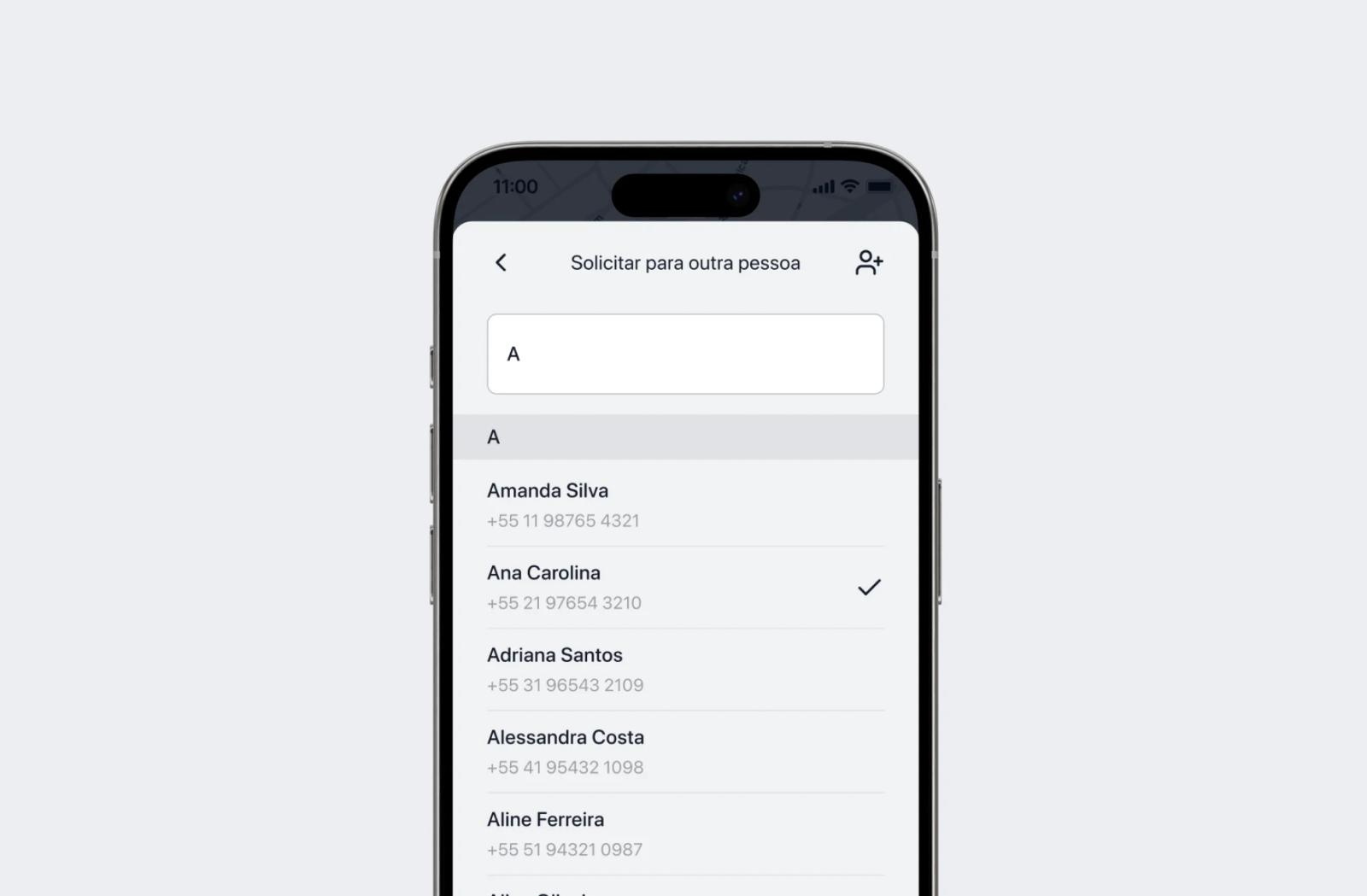 Tela do app Rhino para agendar uma corrida para outra pessoa