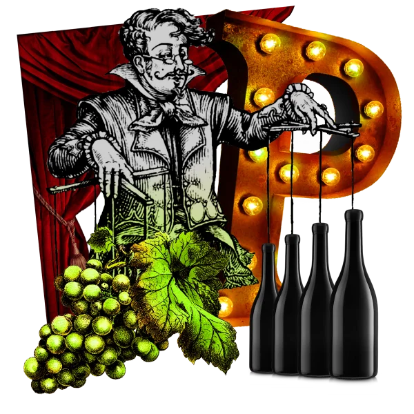 Theatrical collage with vintage winemaker illustration, grape clusters, red curtain, and wine bottles representing The Producers wine subscription