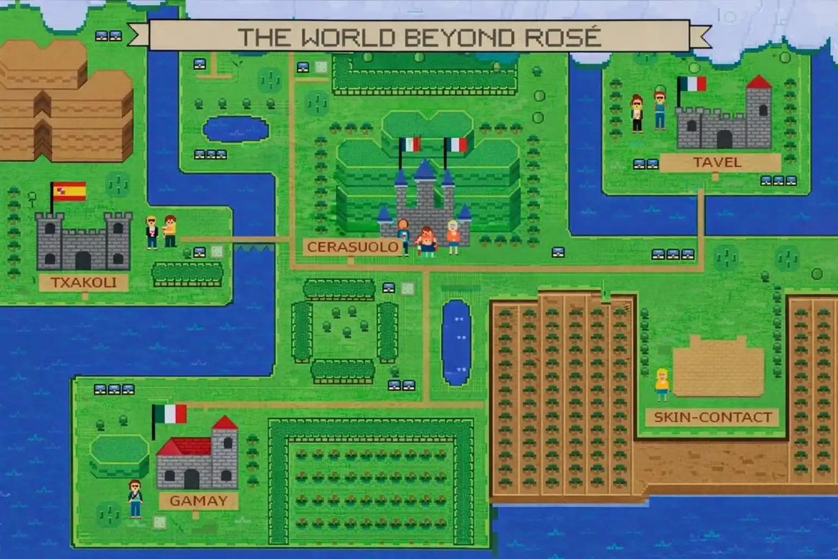 Zelda-style illustrated map showing wine alternatives to Rose with Gamay, Skin Contact, Tavel, Cerasuolo and Txakoli.
