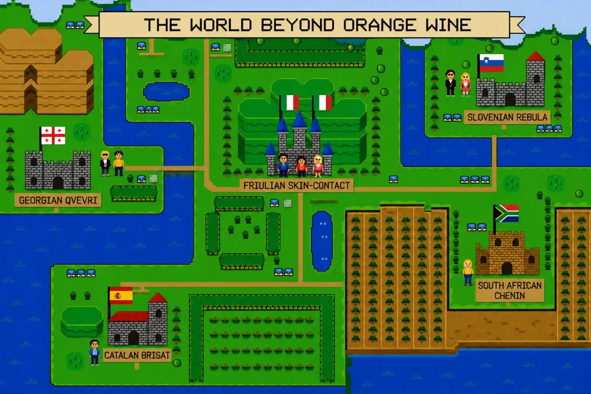 Illustrated map showing five alternatives to orange wine: Georgian qvevri wine, Friulian skin-contact white from Italy, Slovenian Rebula, South African Chenin Blanc, and Catalan brisat from Spain.