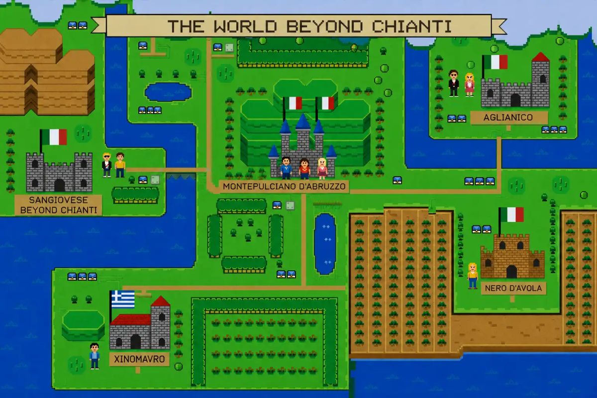 THE WORLD BEYOND CHIANTI: pixel art map showing five alternative wines (Sangiovese Beyond Chianti, Montepulciano d'Abruzzo, Aglianico, Nero d'Avola, Xinomavro)