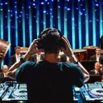 Dynamic collage with DJ at turntables, crowd of people, and wine bottles representing The Master wine subscription