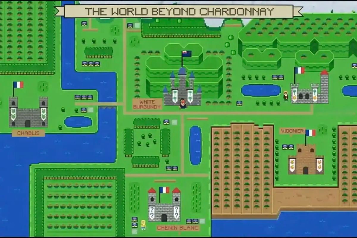 Pixel art map of four Chardonnay alternatives: Chablis, White Burgundy, Chenin Blanc, and Viognier, styled as a retro video game world