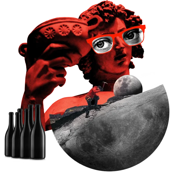 Surreal wanderlust collage with vintage portrait wearing sunglasses, lunar landscape, and wine bottles representing The Traveller wine subscription