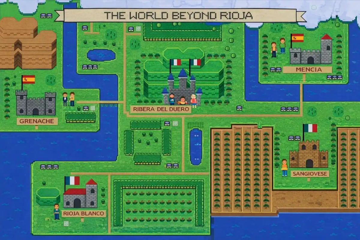 Zelda-style illustrated map showing wine alternatives to Rioja with Grenache, Sangiovese, Mencia and Ribera del Duero
