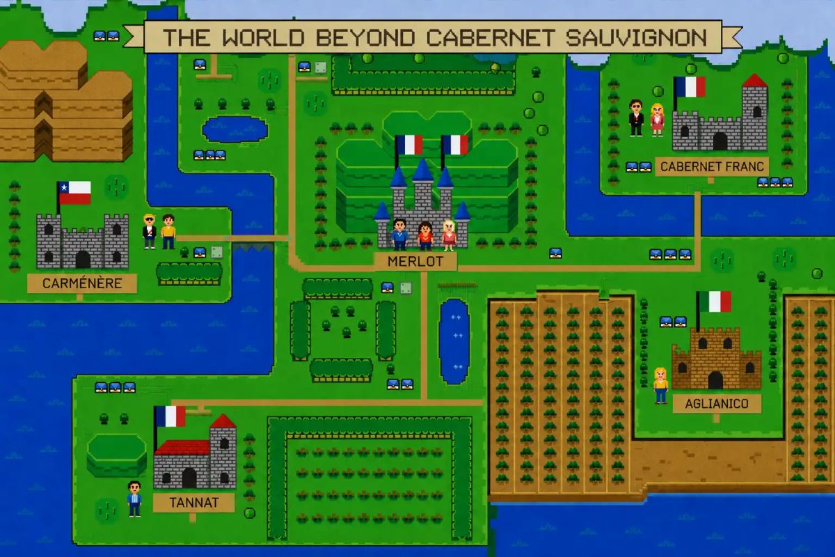 Zelda-style illustrated map showing wine alternatives to Malbec with Cahors, Douro, Mencía, and Mourvèdre Zelda-style illustrated map showing wine alternatives to Malbec with Cahors, Douro, Mencía, and Mourvèdre