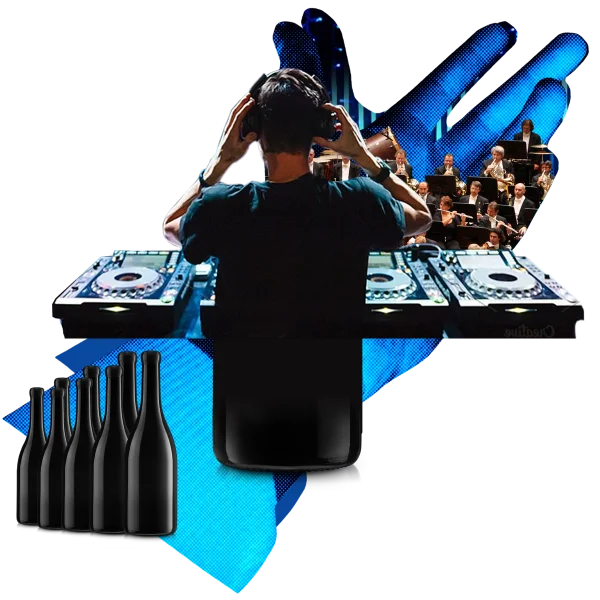 Dynamic collage with DJ at turntables, crowd of people, and wine bottles representing The Master wine subscription