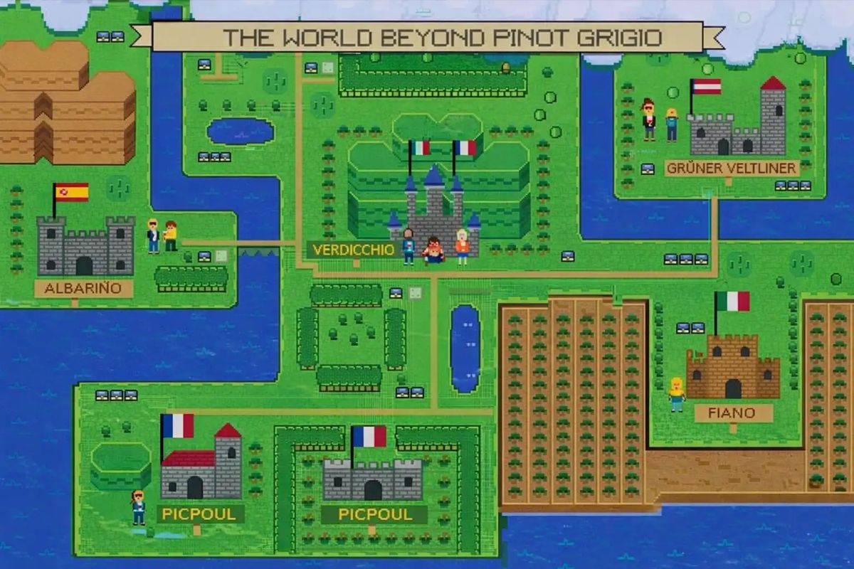 Zelda-style illustrated map showing wine alternatives to Pinot Grigio including Picpoul, Fiano, Gruner Veltliner, Verdicchio and Albarino.