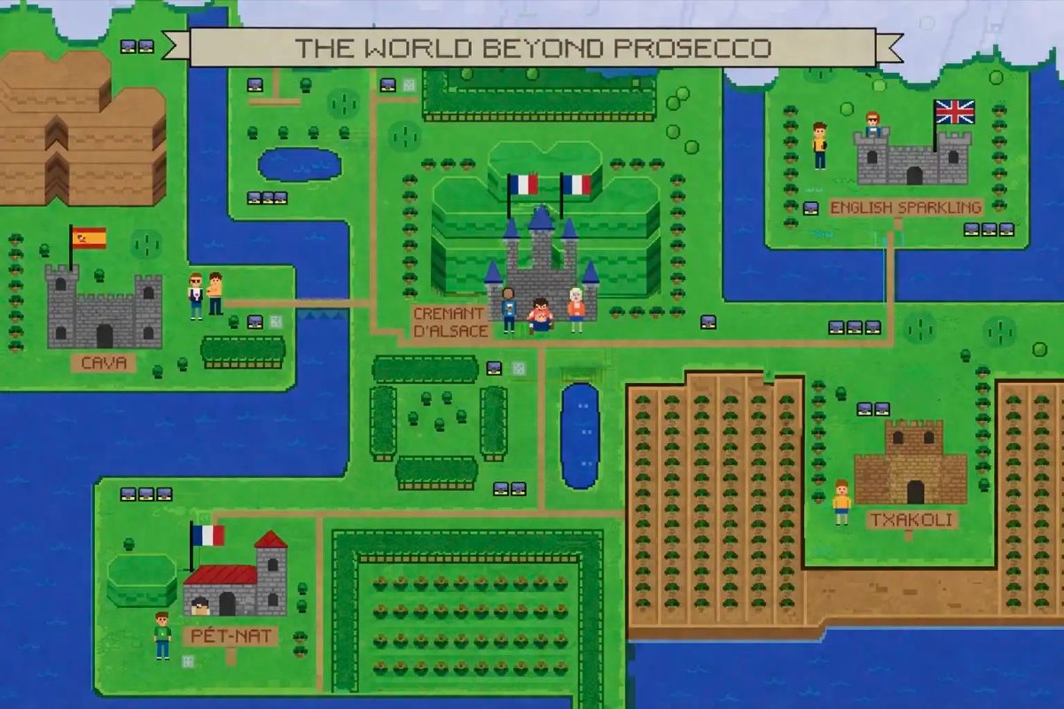 Pixel art map titled 'The World Beyond Prosecco' showing five sparkling wine regions as game-world locations: Cava (Spain), Crémant d'Alsace (France), English Sparkling (UK), Pét-Nat, and Txakoli