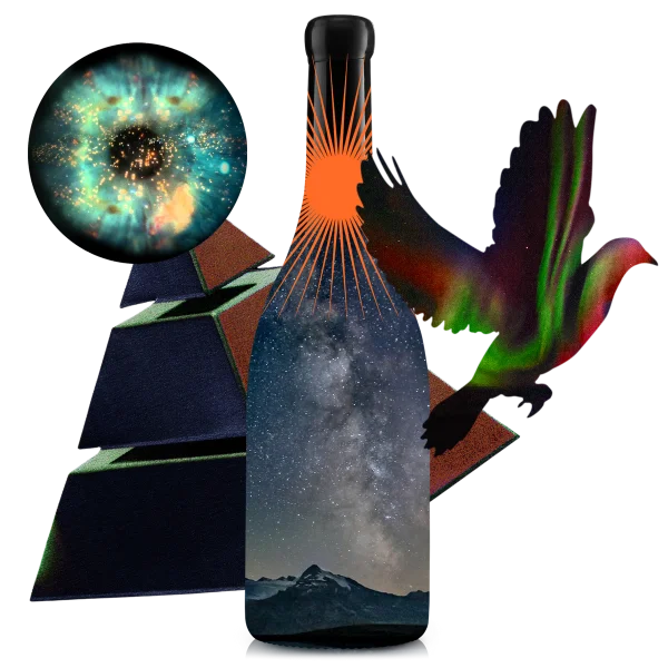 Cosmic collage from another galaxy with wine bottle, Tyrell Corporation celestial orb, flying bird, and starry night sky representing The Northern Star wine subscription