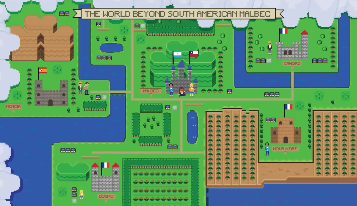 Zelda-style illustrated map showing wine alternatives to Malbec with Cahors, Douro, Mencía, and Mourvèdre