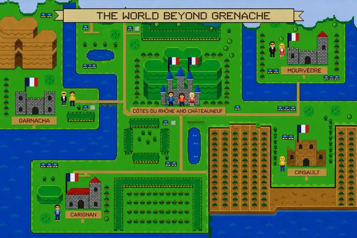 THE WORLD BEYOND MERLOT: pixel art map showing five alternative wines (Carménère, Right Bank Bordeaux, Cabernet Franc, Sangiovese, Malbec) THE WORLD BEYOND MERLOT: pixel art map showing five alternative wines (Carménère, Right Bank Bordeaux, Cabernet Franc, Sangiovese, Malbec)