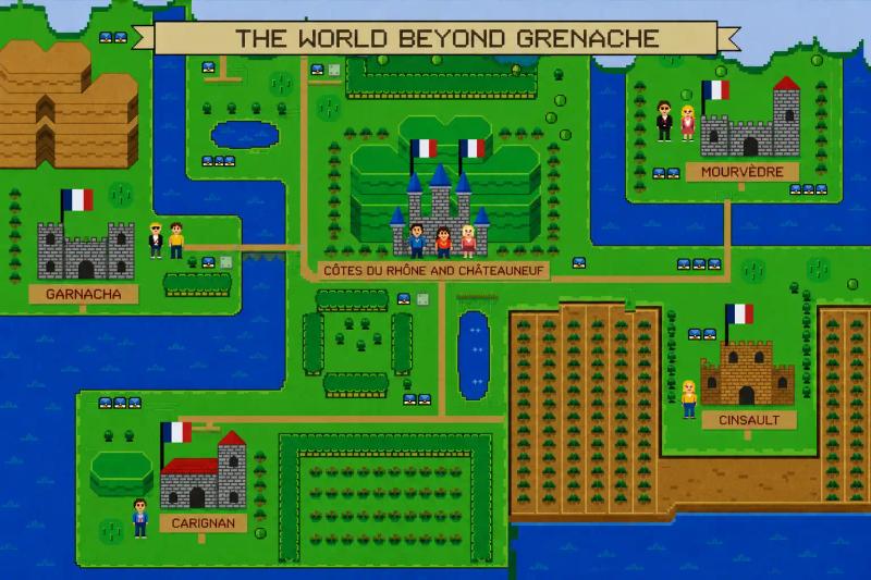 THE WORLD BEYOND MERLOT: pixel art map showing five alternative wines (Carménère, Right Bank Bordeaux, Cabernet Franc, Sangiovese, Malbec)