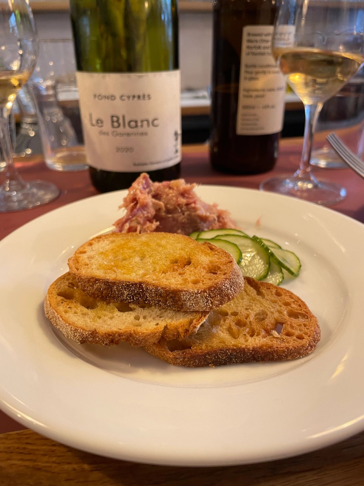 Pate and toast with a bottle of wine, Le Blanc by Fond Cypres