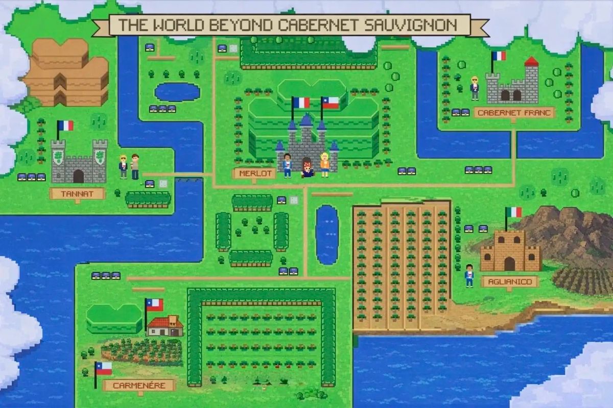 Zelda-style illustrated map showing wine alternatives to Malbec with Cahors, Douro, Mencía, and Mourvèdre
