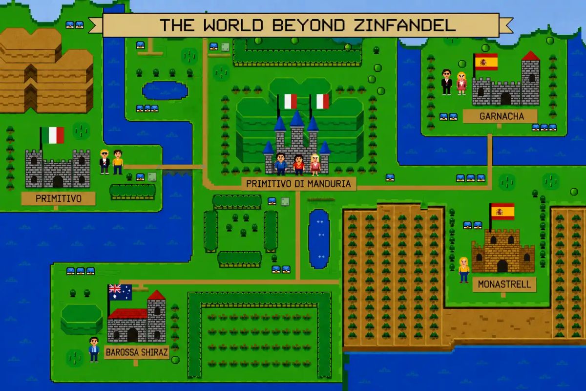 Illustrated map showing five alternatives to Zinfandel: Primitivo and Primitivo di Manduria from Italy, Garnacha and Monastrell from Spain, and Barossa Shiraz from Australia.