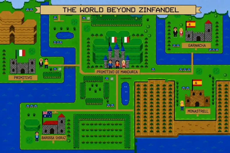 Illustrated map showing five alternatives to Zinfandel: Primitivo and Primitivo di Manduria from Italy, Garnacha and Monastrell from Spain, and Barossa Shiraz from Australia.
