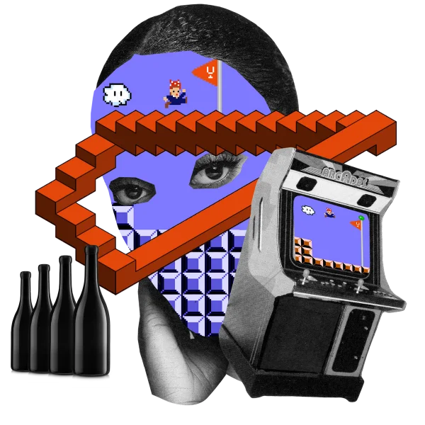 Digital art collage with wine bottles, retro gaming elements, and pixelated graphics representing The Next Level wine subscription