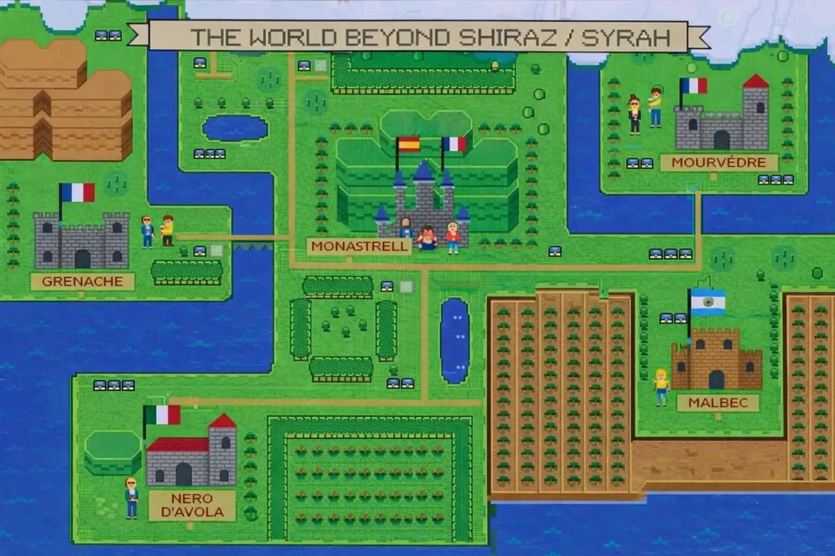 Zelda-style illustrated map showing wine alternatives to Syrah and Shiraz including Nero d'Avola, Malbec, Mourvedre, Monastrell and Grenache