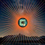 Cosmic collage from another galaxy with wine bottle, Tyrell Corporation celestial orb, flying bird, and starry night sky representing The Northern Star wine subscription