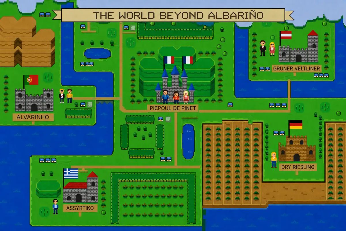 THE WORLD BEYOND CHIANTI: pixel art map showing five alternative wines (Sangiovese Beyond Chianti, Montepulciano d'Abruzzo, Aglianico, Nero d'Avola, Xinomavro)
