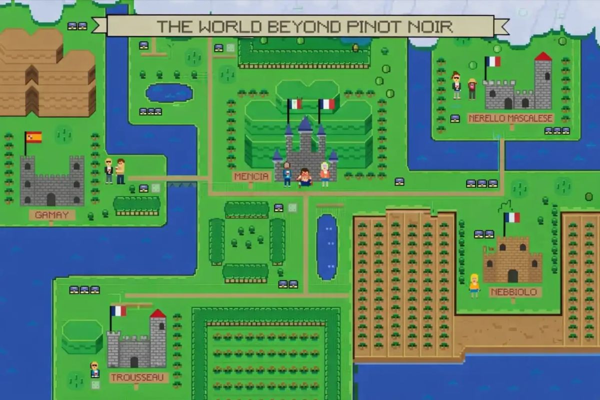 Pixel art map of five Pinot Noir alternatives: Gamay, Trousseau, Nerello Mascalese, Nebbiolo, and Mencia, styled as a retro video game world