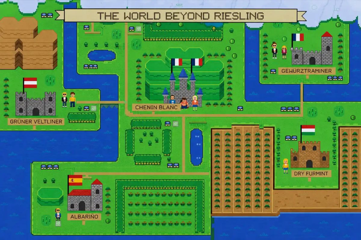 THE WORLD BEYOND RIESLING: pixel art map showing five alternative wines – Grüner Veltliner, Chenin Blanc, Gewürztraminer, Dry Furmint, Albariño THE WORLD BEYOND RIESLING: pixel art map showing five alternative wines – Grüner Veltliner, Chenin Blanc, Gewürztraminer, Dry Furmint, Albariño