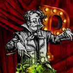 Theatrical collage with vintage winemaker illustration, grape clusters, red curtain, and wine bottles representing The Producers wine subscription