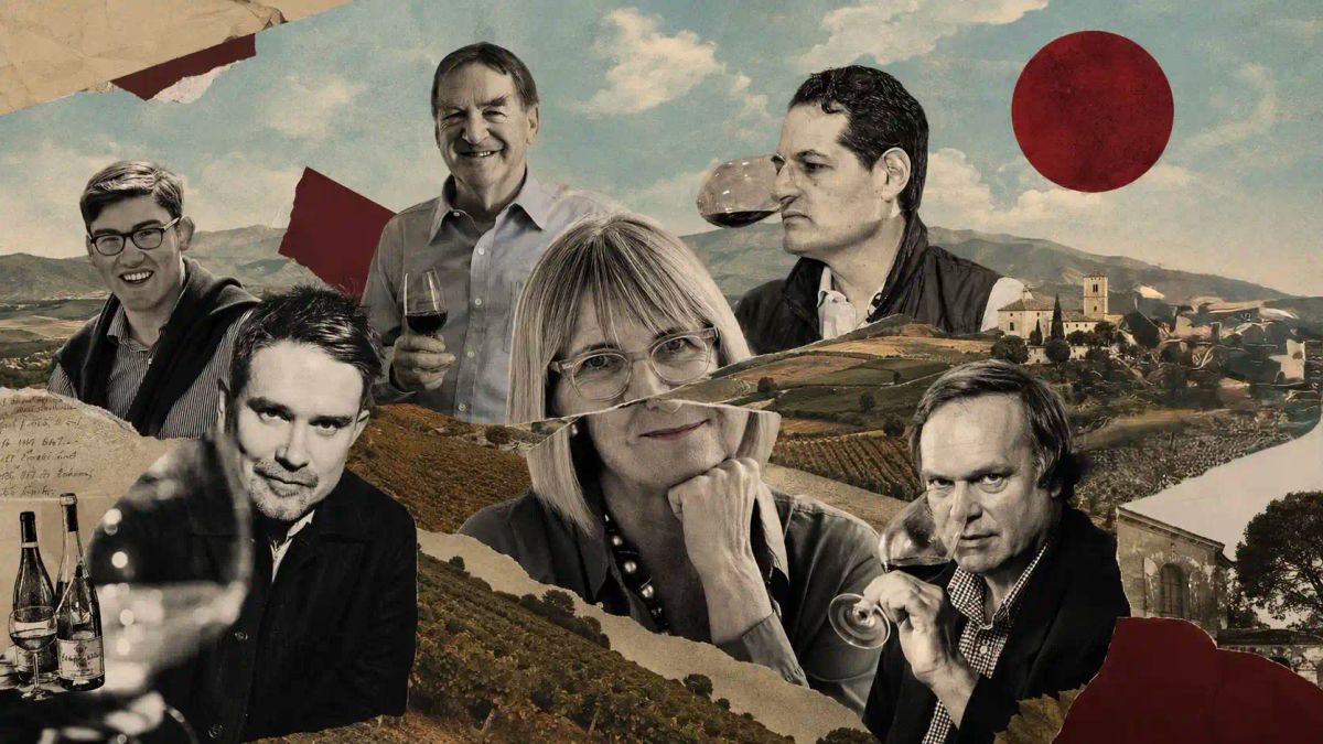 Surrealist photo-collage of six wine critics arranged across a  painterly Mediterranean vineyard landscape. Jancis Robinson MW  sits at the centre with hand on chin. Robert Parker Jr stands  above her with a raised wine glass. Antonio Galloni mid-swirl  to her right. Hugh Johnson on the far right. Dan Keeling  foreground left. William Kelley upper left. A deep red moon  hangs in the top-right sky. Torn paper fragments and a  handwritten tasting note appear throughout.