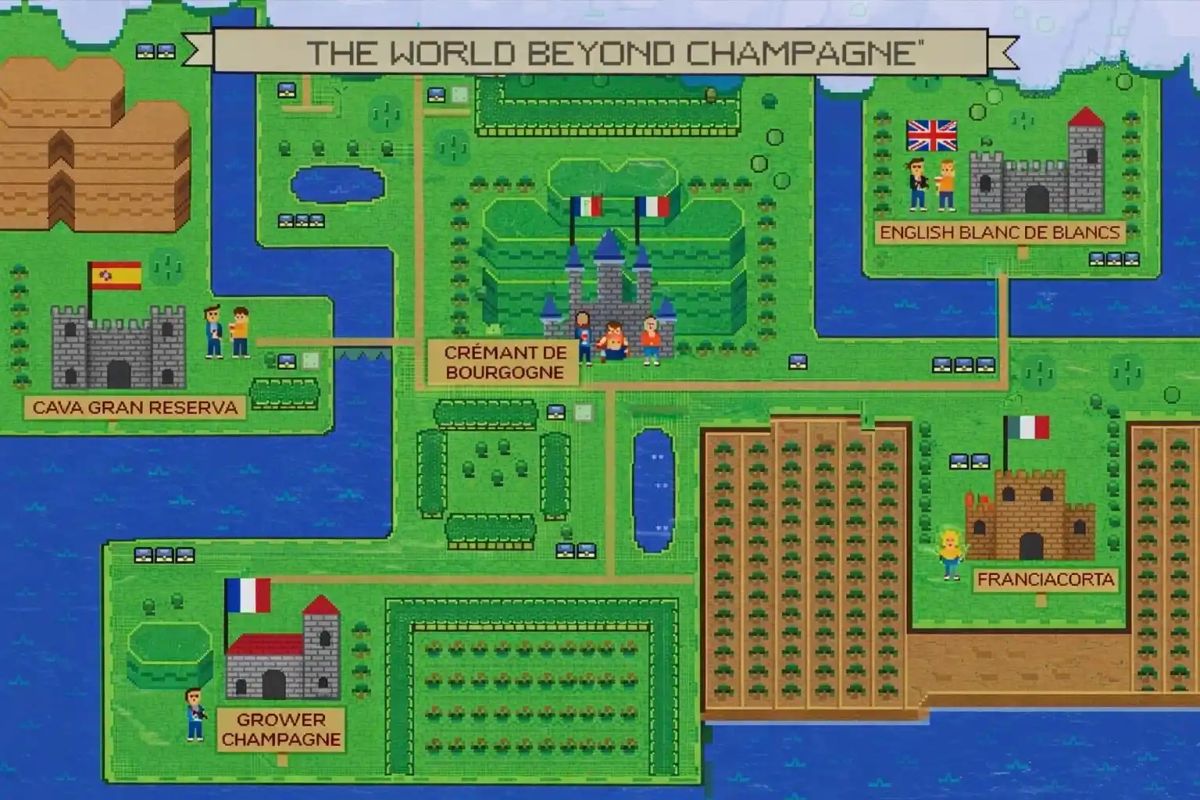 Zelda-style illustrated map showing wine alternatives to Champagne with Francia-Corta, English Blanc de Blancs, Cava, Cremant de Bourgogne and Grower Champagne.