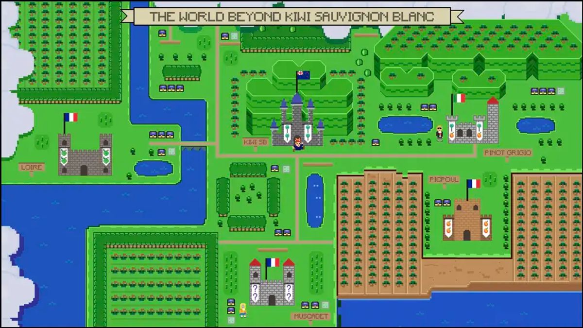 Link-style illustrated map showing four wine alternatives to Sauvignon Blanc with Loire, Muscadet, Picpoul, and Pinot Grigio regions