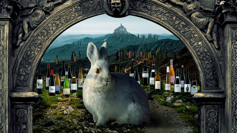 The Ourglass White Rabbit beneath an ornate stone archway, surrounded by small-producer wine bottles with an unexplored landscape stretching out behind. Adventure awaits.