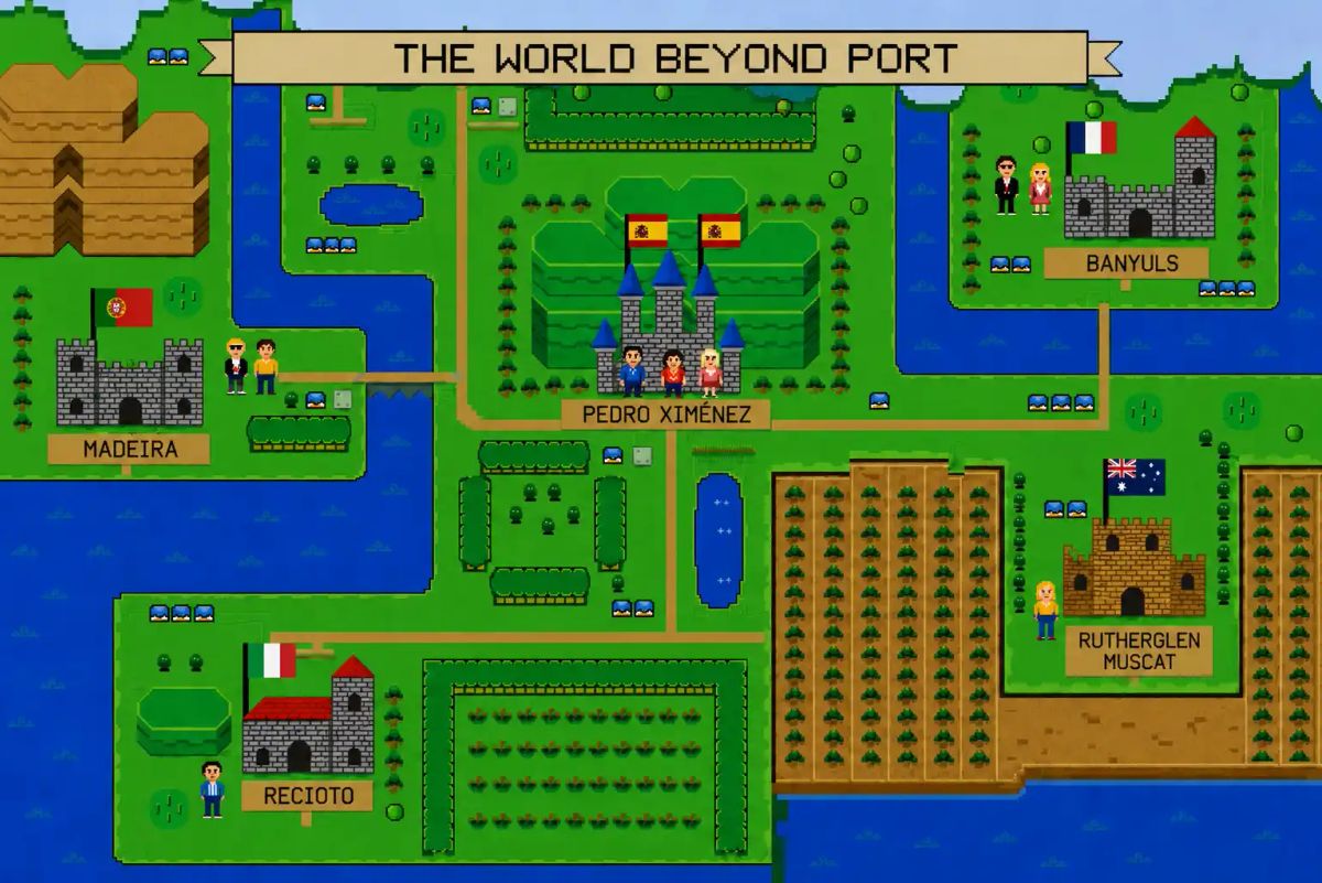 Illustrated map showing five alternatives to Port: Madeira from Portugal, Pedro Ximénez from Spain, Banyuls from France, Rutherglen Muscat from Australia, and Recioto from Italy.