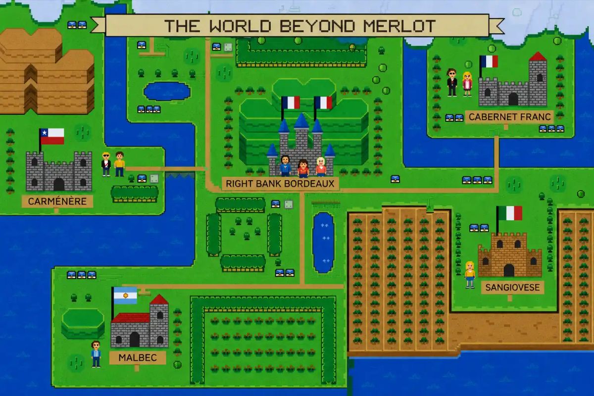 THE WORLD BEYOND MERLOT: pixel art map showing five alternative wines (Carménère, Right Bank Bordeaux, Cabernet Franc, Sangiovese, Malbec)