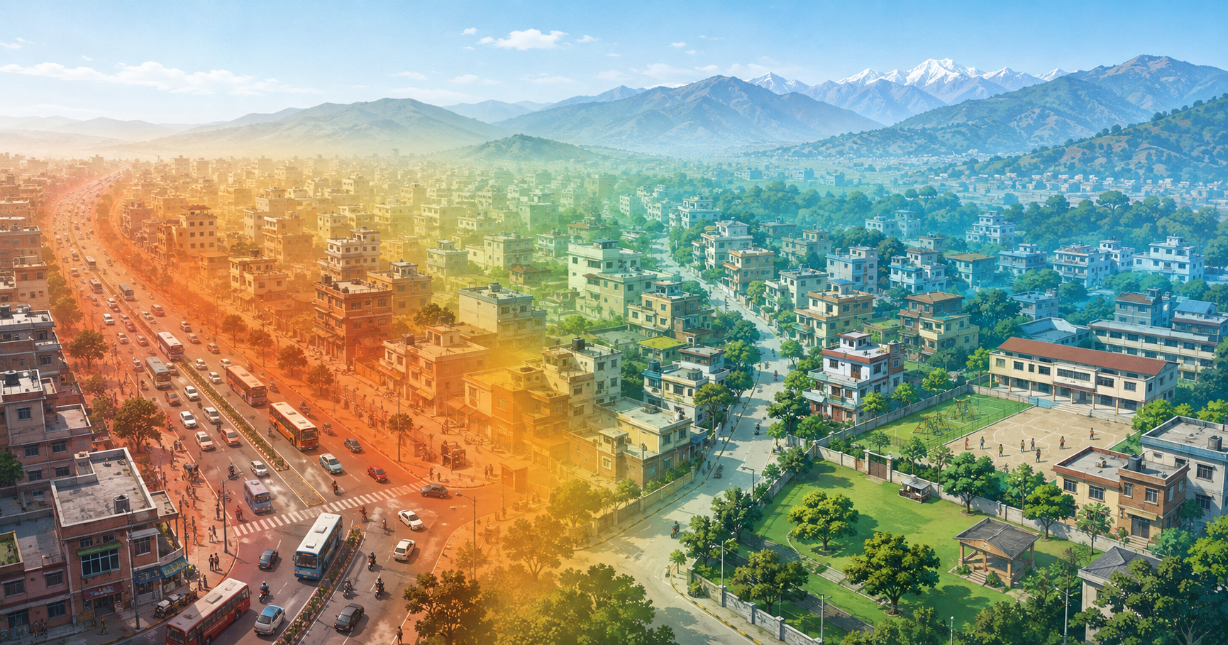 Illustrated map of Kathmandu showing different air-pollution levels around a busy road, residential lane, school and green space.
