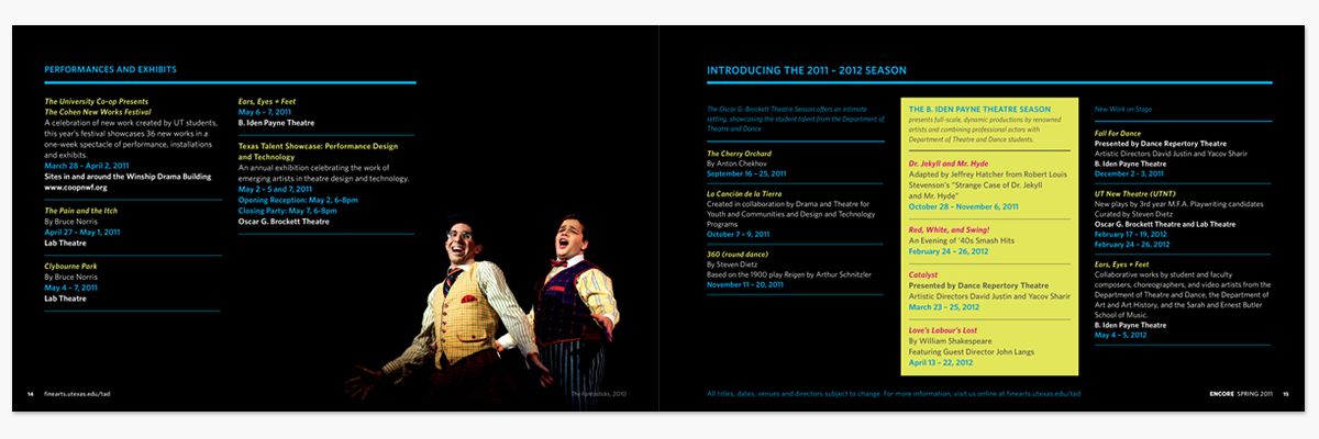 Season program spread listing performances and exhibits with two actors onstage