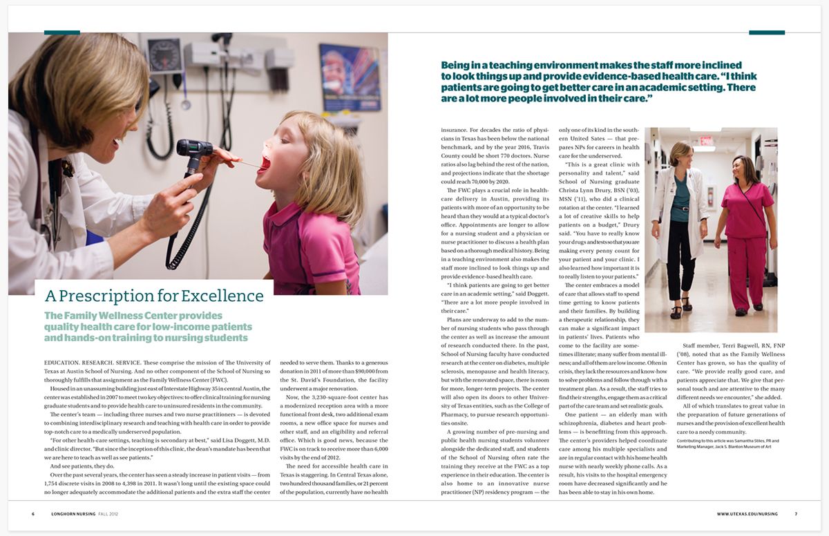 Magazine spread about Family Wellness Center nursing care and training