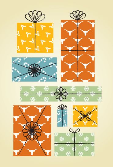 Stacked holiday gift boxes with longhorn, snowflake, and candy cane patterns