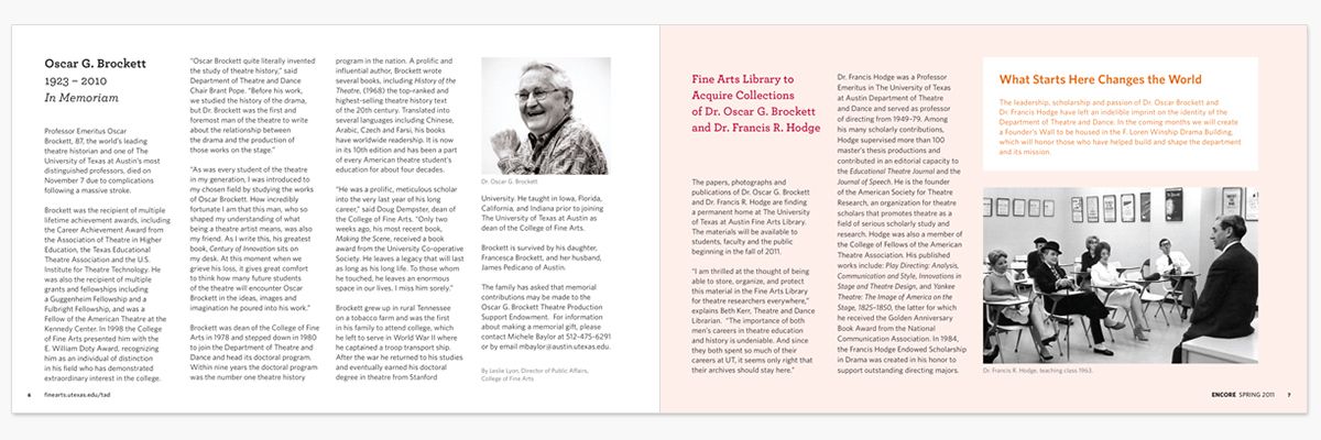 Magazine spread memorializing Oscar G. Brockett with text and classroom photo