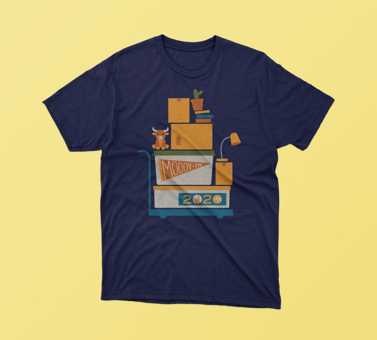 Navy t-shirt with moving cart graphic labeled “Mooov-in 2020”
