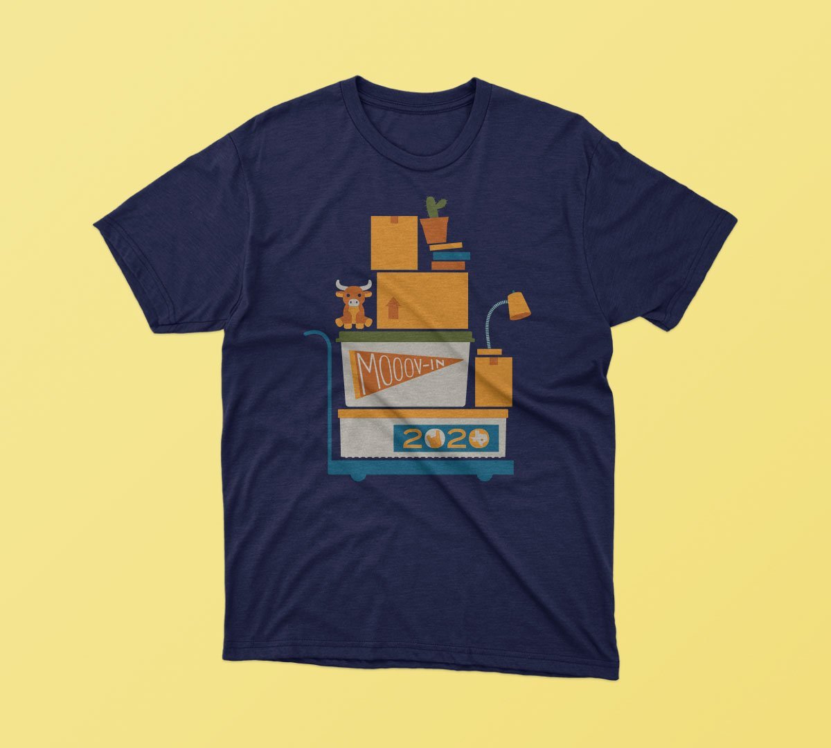 Navy t-shirt with moving cart graphic labeled “Mooov-in 2020”
